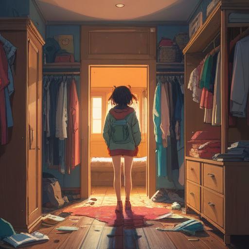 A moment of self-discovery, person standing in front of an open closet, bright sunlight pouring in, clothes scattered on the floor, expression of relief and freedom, feeling of renewal, vibrant colors, serene atmosphere, reflective pose, sense of liberation, encouraging new beginnings, 4k