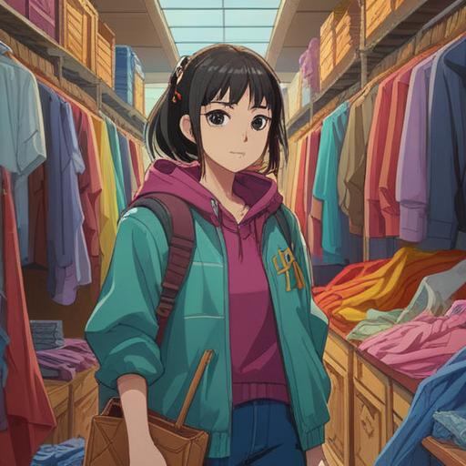 A serene and reflective scene depicting a person shopping for clothes, surrounded by vibrant fabrics and textures, radiant light symbolizing spiritual awakening, a feeling of connection to self and identity, a calming atmosphere encouraging mindfulness and self-expression, harmonious colors blending together, 4k