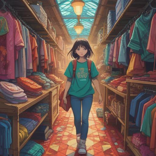 A person blissfully shopping for clothes, surrounded by vibrant colorful garments, feeling a sense of joy and enlightenment, glowing aura representing positive spiritual energy, elegant store ambiance, warm lighting, smiling face reflecting happiness and satisfaction, 4k