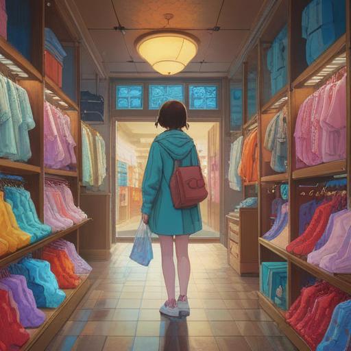 A serene and reflective scene depicting a person shopping for clothes, surrounded by ethereal light, subtle symbols of intuition and guidance in the air, clothing items radiating a gentle energy, a calm expression on the shopper's face indicating inner peace, an atmosphere of mindfulness, hints of nature intertwined with the shopping experience, 4k