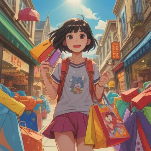 A joyful scene of a person holding shopping bags filled with colorful clothes, vibrant lucky colors around them, bright sunlight filtering through, shopping mall background, excited expression, playful atmosphere, detailed accessories, 4k