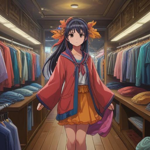 A spiritual journey of transformation through clothing change, vibrant colors symbolizing renewal, a person standing joyfully in a boutique surrounded by new outfits, positive energy radiating from the clothes, serene atmosphere, intricate details reflecting inner growth, harmonious environment, uplifting experience, 4k