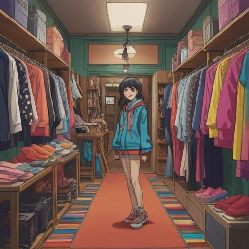 A vibrant scene showcasing a person joyfully trying on new clothes in a boutique, surrounded by a colorful array of outfits, lucky colors prominently displayed, bright lighting illuminating the space, excitement and happiness evident on their face, fashion accessories scattered around, boutique atmosphere, 4k