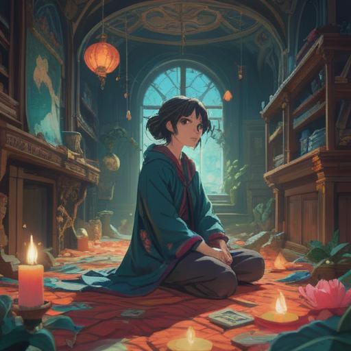 A serene moment of a person surrounded by clothing, contemplating the act of letting go, gentle light illuminating the space, symbolic imagery of transformation, chakra colors subtly represented, peaceful expression, tranquil environment, 4k