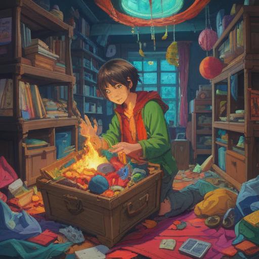 A surreal illustration of a person joyfully discovering a lucky item after discarding their clothes, vibrant colors, whimsical atmosphere, a treasure chest overflowing with sparkling objects, rays of sunlight breaking through clouds, magical aura surrounding the lucky item, expressive facial features, detailed environment with lush greenery and flowers, 4k