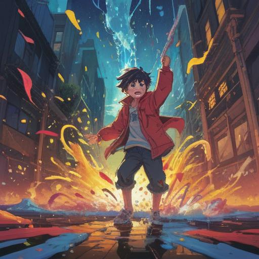 A thought-provoking illustration depicting a person playfully splashing paint on themselves, vibrant colors swirling around, a serene expression on their face, symbolic sparks of light representing spiritual awakening, a bright and colorful background reflecting creativity and self-expression, capturing the essence of finding joy in chaos, 4k