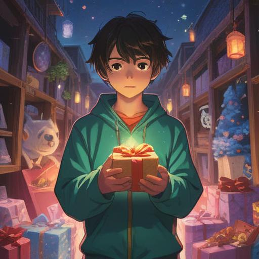 A serene and uplifting illustration of a person receiving a beautifully wrapped gift of clothing, glowing aura around the gift, symbols of spirituality in the background such as feathers and light orbs, warm and inviting expressions on faces, nature setting with soft sunlight filtering through trees, harmonious atmosphere, 4k