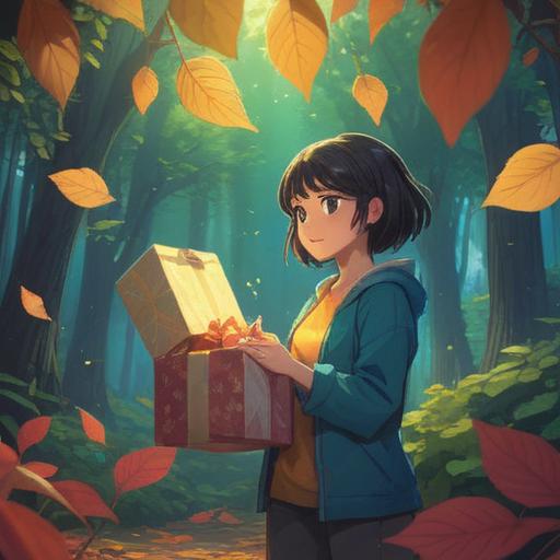 A serene and meaningful scene depicting a person receiving a gift of clothing, surrounded by ethereal light, fluttering leaves symbolizing transformation, subtle hints of spiritual symbols in the background, an aura of positivity and gratitude, soft focus on the expression of joy, a gentle breeze representing change, 4k