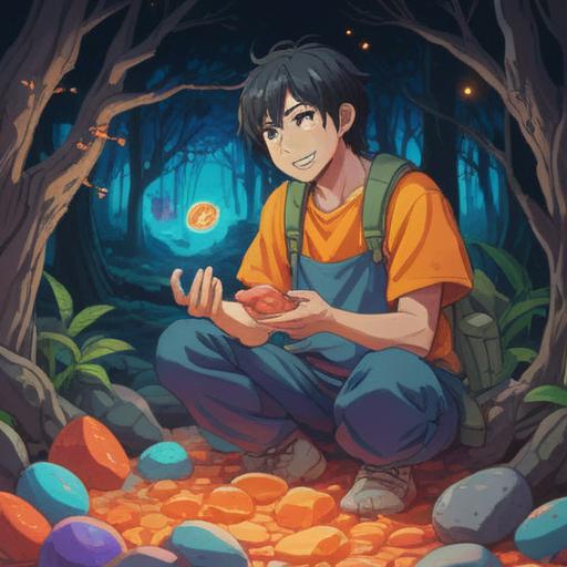 A heartfelt scene depicting a person joyfully receiving a lucky stone after receiving a new piece of clothing, vibrant colors, the person smiling with excitement, intricately designed lucky stone shining brightly, warm lighting creating an uplifting atmosphere, detailed clothing textures reflecting style, background filled with supportive friends or family members celebrating, conveying a sense of happiness and good fortune, 4k