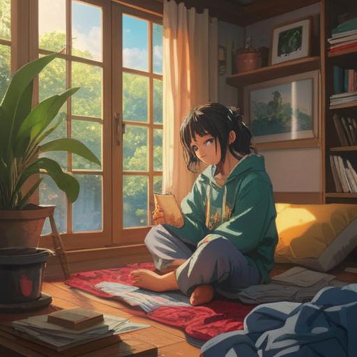 A serene and reflective scene of a person sitting quietly in a cozy room, holding a newly gifted piece of clothing, soft sunlight filtering through the window, warm colors conveying comfort and gratitude, a gentle smile on their face, surrounded by personal items that signify memories, an atmosphere of tranquility and appreciation, thoughtful expression, emotional connection to the gift, 4k