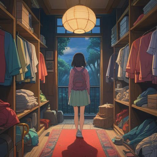 A serene and inspirational scene of a person surrounded by neatly arranged clothes, symbolizing decluttering, ethereal light streaming through a window, peaceful atmosphere, items representing past memories floated around, spiritual growth emphasized, calm meditation posture, inviting space for reflection, 4k