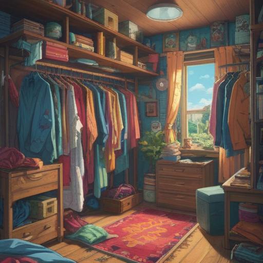 A serene and enlightening scene depicting a person joyfully decluttering their wardrobe, a bright aura surrounding them, clothes gracefully floating away, symbols of spiritual growth and renewal, a sense of liberation and clarity, soft natural light filtering through a window, cozy home environment, 4k