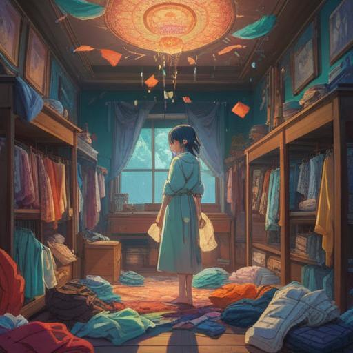 A serene scene depicting a person sorting through clothes, surrounded by soft light, ethereal aura, subtle spiritual symbols floating in the air, emotional reflection, a sense of clarity and release, vibrant colors, peaceful ambiance, mindful decluttering, connection to inner self, 4k
