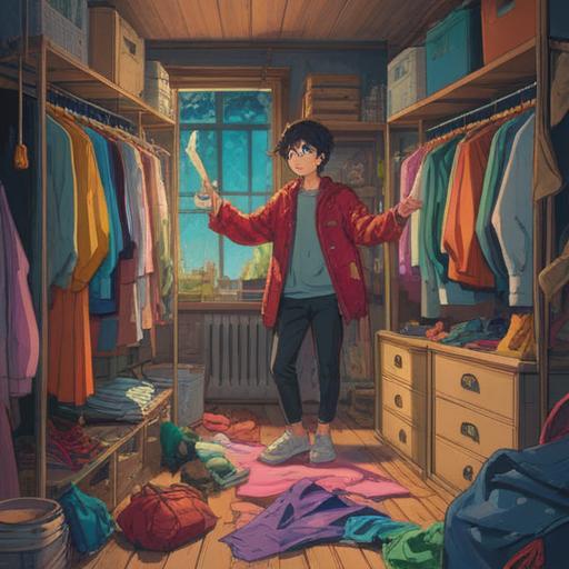 A bright and cheerful scene depicting a person happily sorting through a wardrobe, colorful clothes scattered around, a magic lucky charm glowing while surrounded by discarded items, sunlight streaming through a window, a sense of renewal and freedom, playful atmosphere, 4k