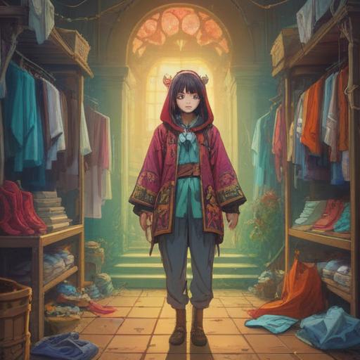 A mystical and serene scene depicting a person receiving a spiritual revelation while exploring a vibrant wardrobe, various clothing options symbolizing different life phases, ethereal light illuminating the garments, a sense of transformation and self-discovery, calming colors, flowing fabrics, 4k