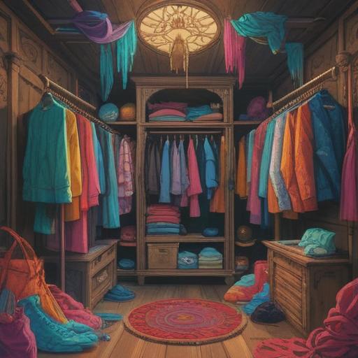 A mystical illustration depicting a wardrobe transformation, featuring a person surrounded by changing clothing styles, vibrant colors representing emotions, symbolic spiritual signs floating around, serene expressions on their face, elements of nature such as flowers and stars symbolizing growth and change, dreamy atmosphere, ethereal details, soft light, 4k