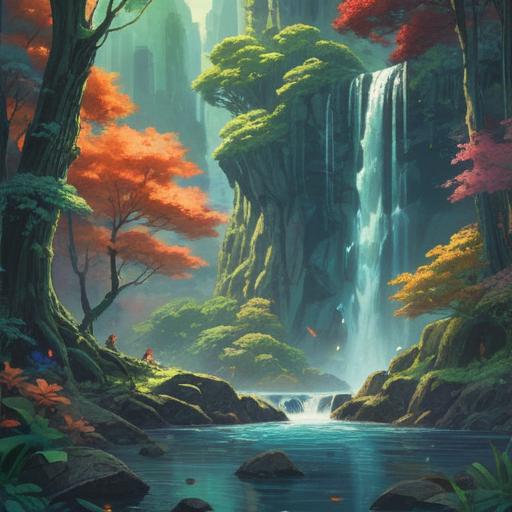 A mystical scene depicting a glowing stone revealing the potential within, surrounded by ethereal light, lush greenery, and a tranquil waterfall, a figure reaching towards the stone with wonder, symbols of transformation in the air, enchanting atmosphere, vibrant colors, magical realism, 4k
