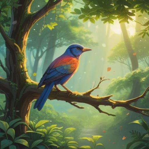 A serene landscape featuring a bird perched on a tree branch, sunlight filtering through the leaves, the ground below adorned with bird droppings that glisten like tiny gems, symbolizing spiritual abundance, a gentle breeze rustling the foliage, soft focus on the background, harmonious colors, uplifting atmosphere, 4k