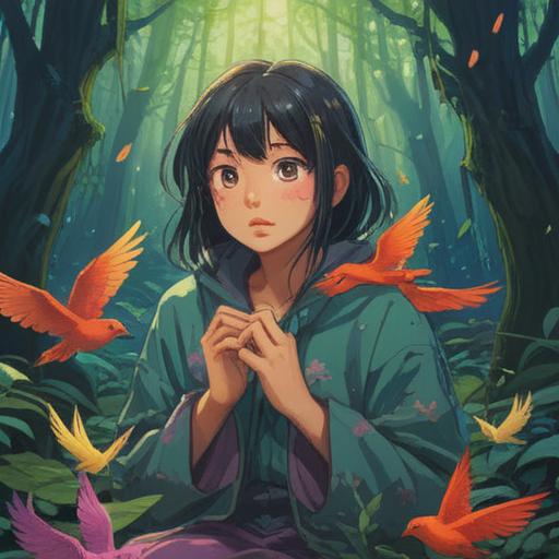 A spiritual warning scene depicting a person discovering bird droppings on their clothing, a moment of reflection and realization, surrounded by a natural setting with vibrant greenery, soft sunlight filtering through trees, symbolic representations of intuition and awareness, serene facial expression, hints of mystical elements in the background, 4k