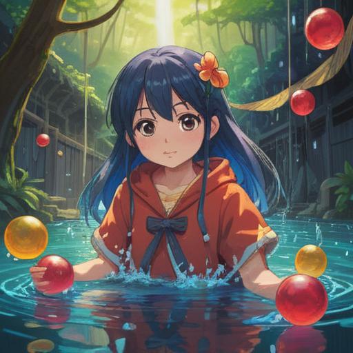 A vibrant illustration of a shiny, clean lucky charm, sunlight reflecting on its surface, drops of water glistening nearby, a colorful background featuring bright flowers and greenery, a sense of freshness and positivity, cheerful atmosphere, detailed textures, 4k