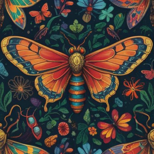 A spiritual illustration representing clothing infested with insects, symbolic of transformation and change, intricate details of different insects woven into the fabric, vibrant colors, ethereal atmosphere, mystical elements, nature intertwining with human experience, profound message about growth and renewal, 4k