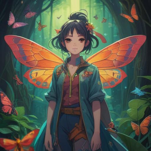 A spiritual illustration depicting an ethereal scene where clothes are adorned with colorful insects, symbolizing positive energy and transformation, vibrant hues contrasting against a serene background, mystical aura, harmonious connection to nature, uplifting atmosphere, intricate details highlighting the insects and fabric, 4k