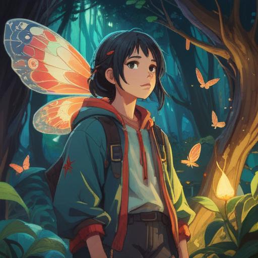 A spiritual guidance illustration, a person noticing a bug on their clothing, symbolic representation of intuition, nature elements around them, ethereal light shining down, serene atmosphere, vibrant colors, detailed expressions, 4k