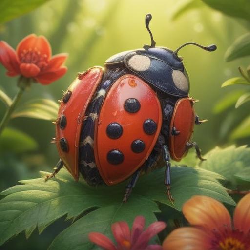 A whimsical illustration of a small ladybug perched on a shirt collar, vibrant colors, natural sunlight filtering through leaves, a feeling of luck and positivity, intricate patterns on the fabric, a soft breeze rustling the clothing, cheerful mood, nature-inspired elements, 4k