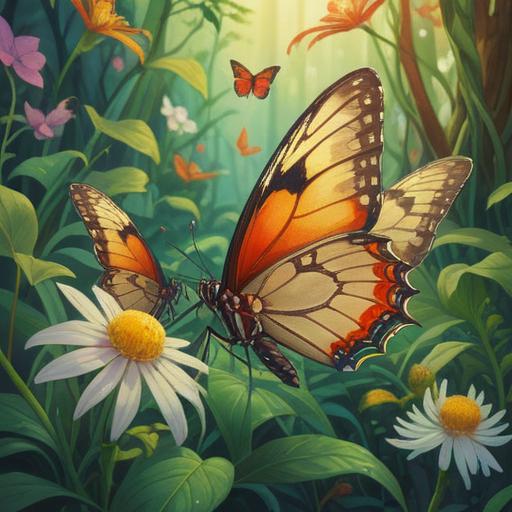 A serene natural scene, vibrant insects in focus, gentle sunlight filtering through leaves, close-up of a butterfly on a flower, intricate details of wings, the interplay of nature and life, reflective mood, awakening awareness of ecology, soft bokeh background, 4k