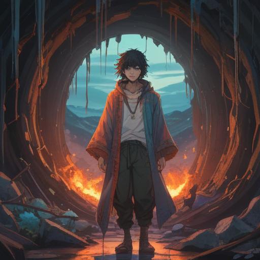 A mystical illustration depicting the spiritual meaning of a hole in clothing, a person discovering a torn garment, introspective expression, symbolic representation of life's challenges and transformation, ethereal light surrounding the figure, nature elements like flowers and butterflies symbolizing growth, rich textures and colors, serene atmosphere, 4k