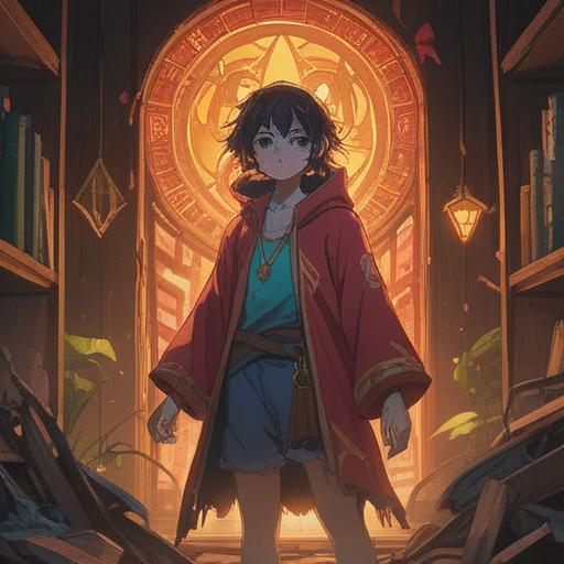 A mysterious and symbolic illustration, a character looking at their torn clothes, ethereal light surrounding them, shadows representing worries, spiritual symbols in the background, nature elements like trees and water, vibrant yet calm color palette, introspective mood, detailed expression on the character's face, 4k