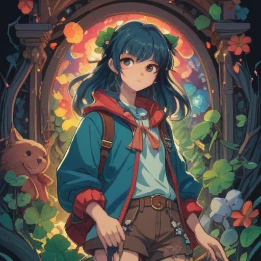 A whimsical illustration of a torn piece of clothing, vibrant colors, mystical aura, surrounded by lucky items like four-leaf clovers, horseshoes, and lucky coins, set in a serene garden, enchanting atmosphere, detailed textures, 4k