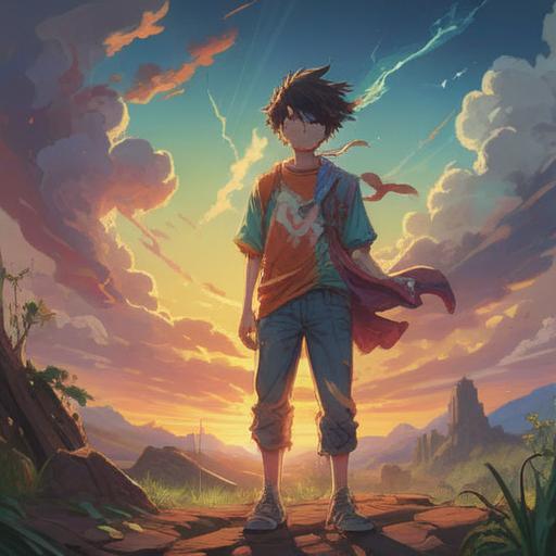 A symbolic illustration of a torn shirt representing growth, sunlight breaking through clouds, a figure stepping forward with determination, vibrant colors, juxtaposition of past struggles and future potential, a serene environment with flowers blooming, inspirational atmosphere, 4k