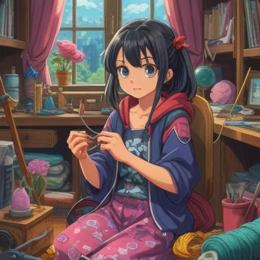 A creative and resourceful illustration, depicting a character cheerfully repairing a hole in their clothing, surrounded by sewing tools and colorful fabric patches, showcasing DIY fashion techniques, friendly and inviting atmosphere, emphasizing positivity in a wardrobe mishap, bright and vibrant colors, 4k