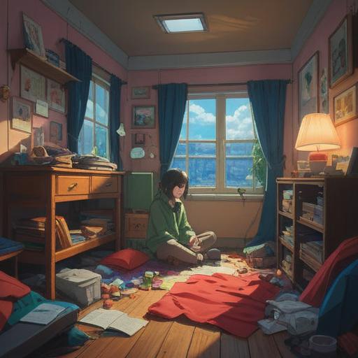 A serene and introspective scene, a person sitting peacefully in a minimalist room, surrounded by discarded clothes symbolizing detachment from materialism, soft natural light filtering through a window, plants symbolizing growth and renewal, a sense of inner peace and clarity, harmonious color palette, gentle reflections, 4k