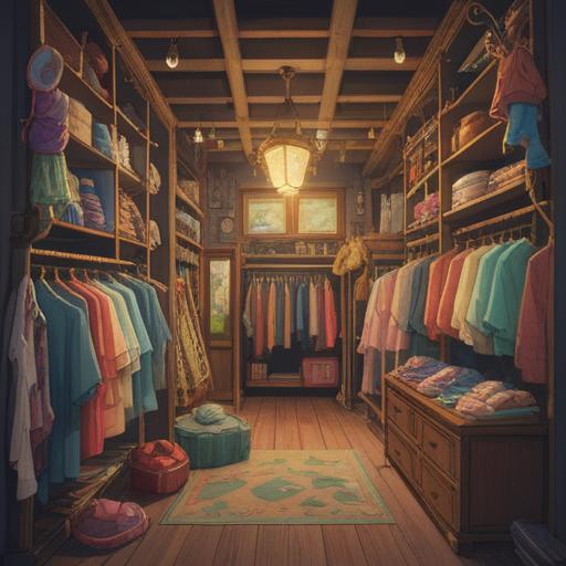 A whimsical illustration of a charming boutique filled with stylish clothing, colorful garments hanging on racks, a cozy atmosphere inviting shoppers, lucky charms like four-leaf clovers and horseshoes scattered throughout, a cheerful shopkeeper assisting a customer, warm light filtering through the windows, enchanting details in the decor, 4k