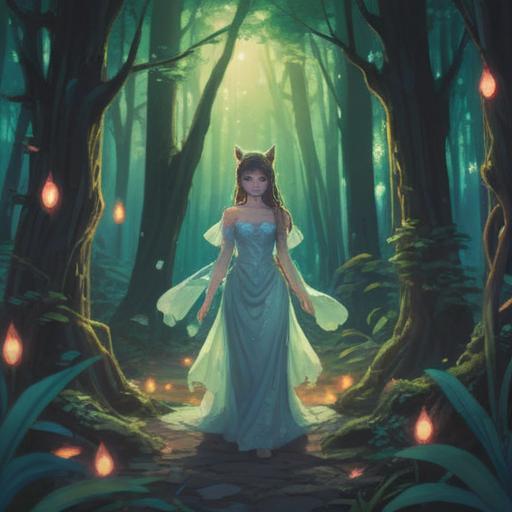 A mystical forest clearing, soft glowing lights in the background, delicate shimmering aura, a figure dressed in ethereal garments, surrounded by floating garments symbolizing desire, intricate patterns and textures, a sense of longing and connection to the spiritual realm, serene atmosphere, vibrant colors, enhanced contrast, 4k
