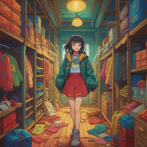 A vibrant and colorful illustration showcasing a person surrounded by an array of clothing items, bright and cheerful lucky colors like yellow, red, and green, person contemplating choices with a hopeful expression, elegant fabrics draping elegantly, a lively boutique setting, soft lighting creating an inviting atmosphere, a hint of personal style reflected in the clothing, 4k