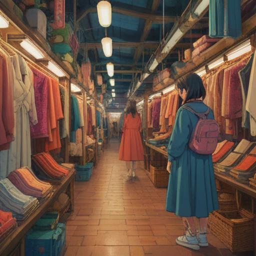 A serene and inspirational scene, a person exploring a vibrant fashion market, various clothing styles displayed around, looking thoughtfully at a mirror, colorful outfits, diverse styles, expressive facial features, warm sunlight filtering through, inviting atmosphere, detailed background, 4k
