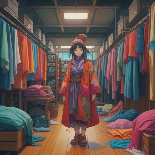 A surreal illustration depicting a person in a vibrant, colorful clothing store, surrounded by floating, ethereal fabrics and garments, representing the spiritual allure of fashion, shimmering lights and a dreamlike atmosphere, visualizing the impulse to buy clothes as an enchanting experience, vivid colors and intricate details, inviting and magical ambiance.