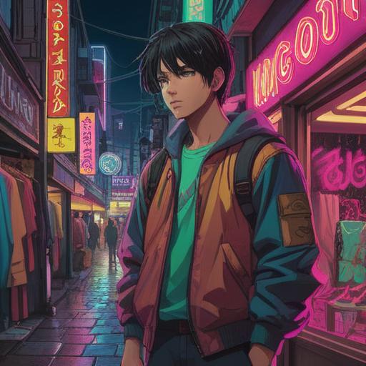 A captivating scene depicting a person standing in front of a clothing store, illuminated neon signs reflecting in their eyes, surrounded by vibrant colors, symbols of spiritual signs like butterflies and crystals subtly integrated into the clothing displays, a thought bubble above their head illustrating desires and inner conflict, urban setting, inviting atmosphere, rich details in the setting, 4k