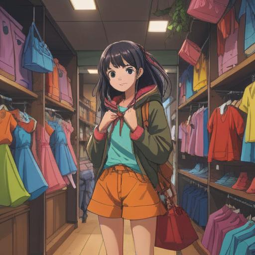 A vibrant and colorful illustration of a shopping scene, a young woman excitedly exploring a trendy clothing store, surrounded by stylish outfits and fashion accessories, an eye-catching display of lucky items such as charms and lucky coins, bright lighting enhancing the atmosphere, conveying a sense of joy and desire for fashion, lively expression on the woman's face, 4k