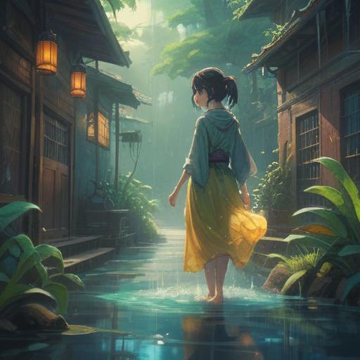 A mystical scene depicting the spiritual meaning of wet clothes, ethereal mist surrounding a serene figure, water droplets glistening in sunlight, symbolic imagery of transformation and renewal, nature elements intertwined, calm and reflective atmosphere, vibrant colors, 4k