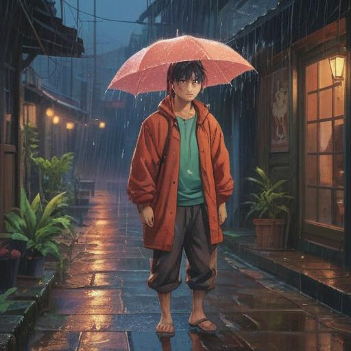 A mystical scene depicting a person standing in the rain, observing their wet clothes, symbolic spiritual signs around them, ethereal glow, droplets reflecting hidden messages, calm expression, serene environment, nature’s energy swirling, introspective moment, 4k