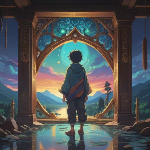 A spiritual scene depicting signs of transformation, a person looking at their reflection with ill-fitting clothes, a magical aura surrounding them, symbols of growth and change in the background, soft light illuminating the scene, vibrant colors representing new beginnings, ethereal elements suggesting a positive spiritual journey, 4k