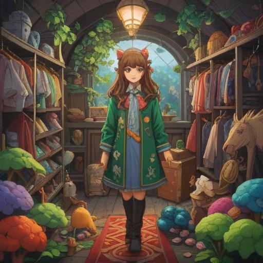 A whimsical illustration featuring a vibrant wardrobe overflowing with colorful clothing, surrounded by various lucky items like four-leaf clovers, horseshoes, and lucky charms, a sunny and cheerful atmosphere, playful character trying on outfits, smile on their face, enchanting background with sparkling elements, 4k