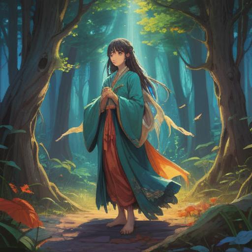 A mystical representation of frayed clothing symbolizing spiritual growth, ethereal light illuminating the fabric, serene expression on the figure, nature surrounding them, soft wind gently blowing, vibrant colors, hint of transformation and renewal, deep connection to the spiritual realm, 4k