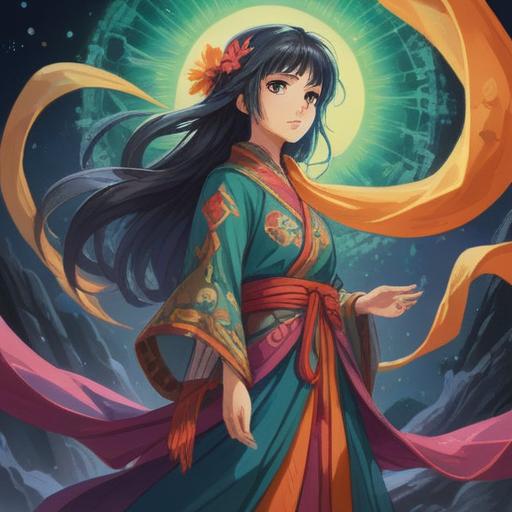 A serene and spiritual illustration of a person in a flowing garment that envelops them, radiant light emanating from the fabric, symbols of transformation and enlightenment around them, a backdrop of lush nature and soft clouds, capturing a sense of peace and introspection, vibrant colors, ethereal atmosphere, 4k