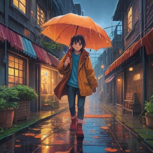 A magical scene depicting a person discovering a lucky accessory that transforms a rainy day into a bright and cheerful one, vibrant colors, whimsical atmosphere, sparkling light effects, emphasis on the accessory's enchanting glow, background of a transformed landscape with blooming flowers and clear skies, joyous expression on the person's face, uplifting and positive vibes, 4k