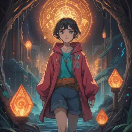 A mysterious and introspective illustration, a person wearing clothes inside out, surrounded by ethereal symbols and spiritual signs, glowing aura, serene expression, reflection of self-discovery, subtle hints of guidance and protection, soft lighting, dreamlike atmosphere, 4k